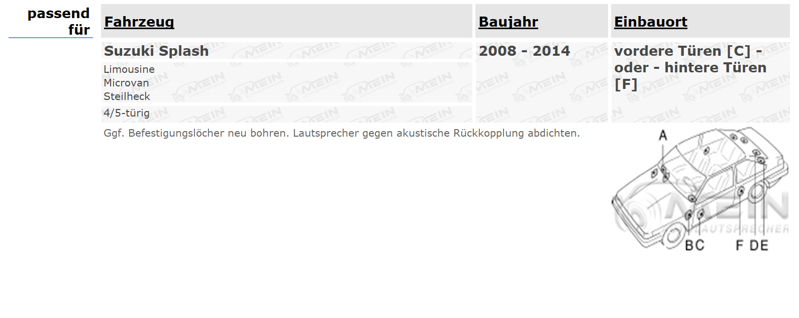 JBL LAUTSPRECHER für SUZUKI SPLASH 2008-2014 Front Heck 2-Wege 200W