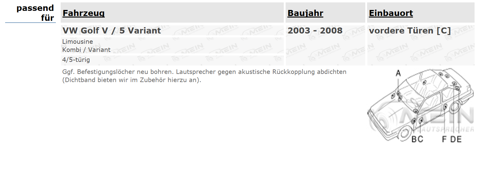 JBL LAUTSPRECHER für VW GOLF V / 5 Variant 2003-2008 Front Vorn 200W