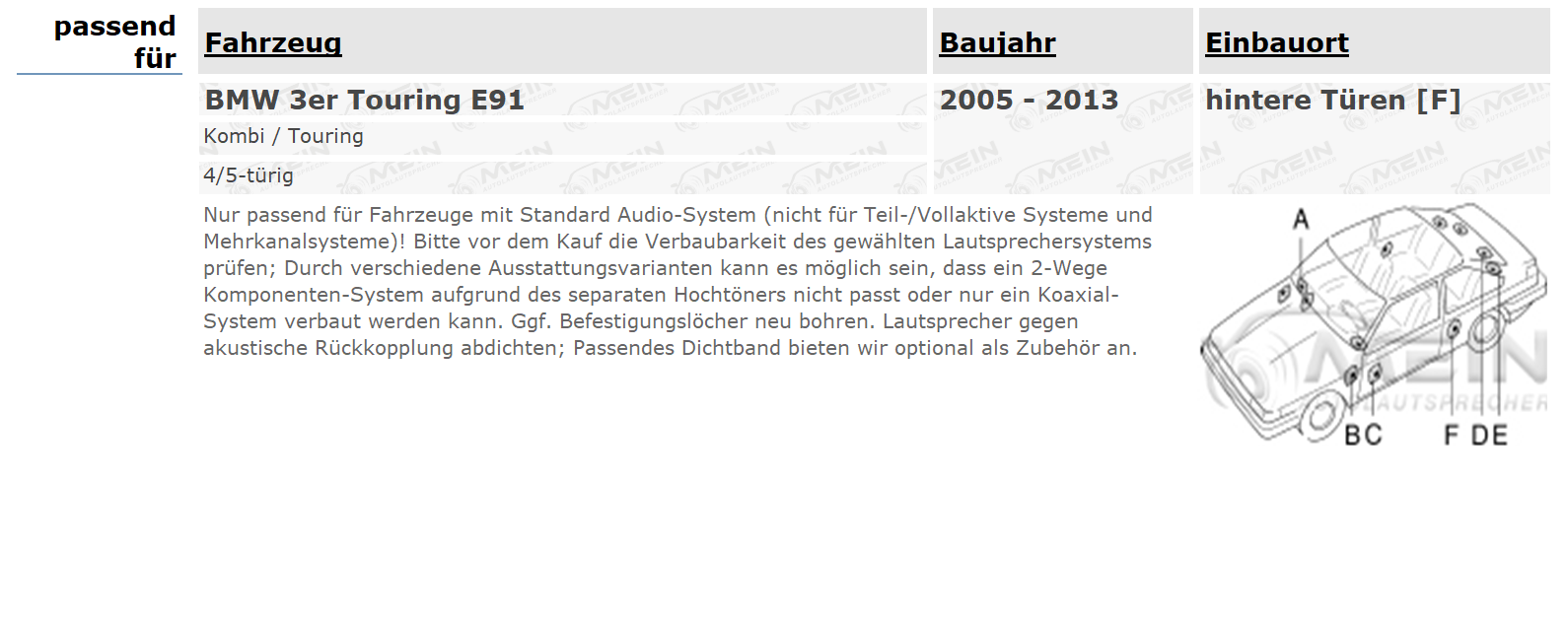 PIONEER LAUTSPRECHER für BMW 3ER Touring E91 2005-2013 Heck Hinten Tür