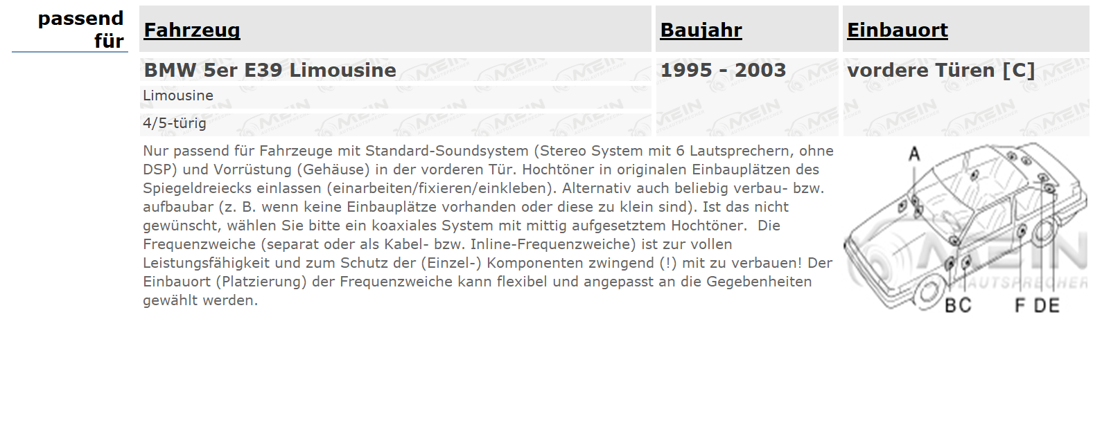 SINUSTEC LAUTSPRECHER für BMW 5ER E39 Limousine 1995-2003 Vorn Tür 130