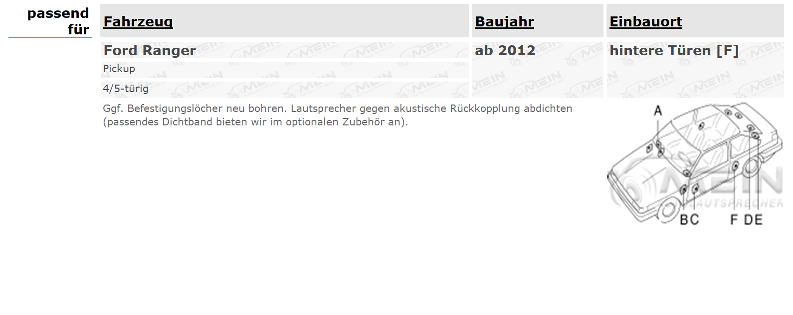 BLAUPUNKT LAUTSPRECHER für FORD RANGER ab 2012 Heck Tür 2-Wege 250W