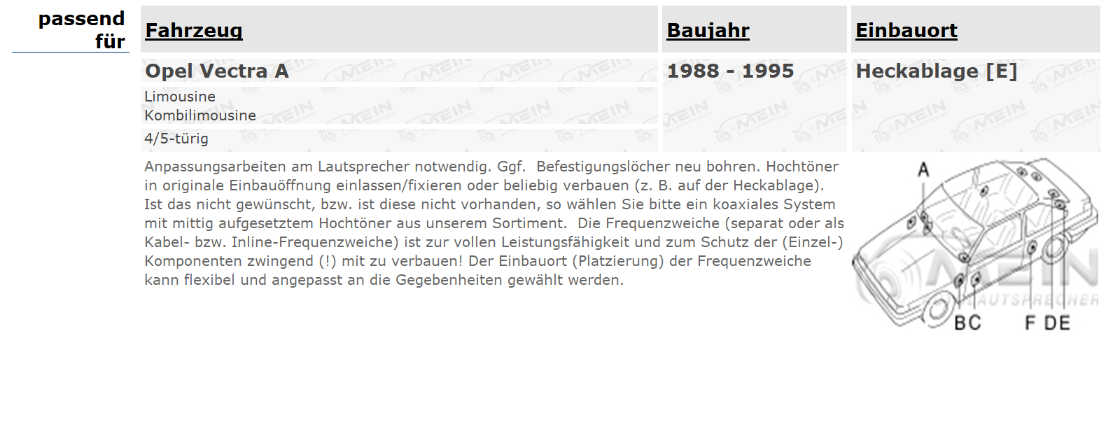 ALPINE LAUTSPRECHER für OPEL VECTRA A 1988-1995 Heckablage 2-Wege 250W