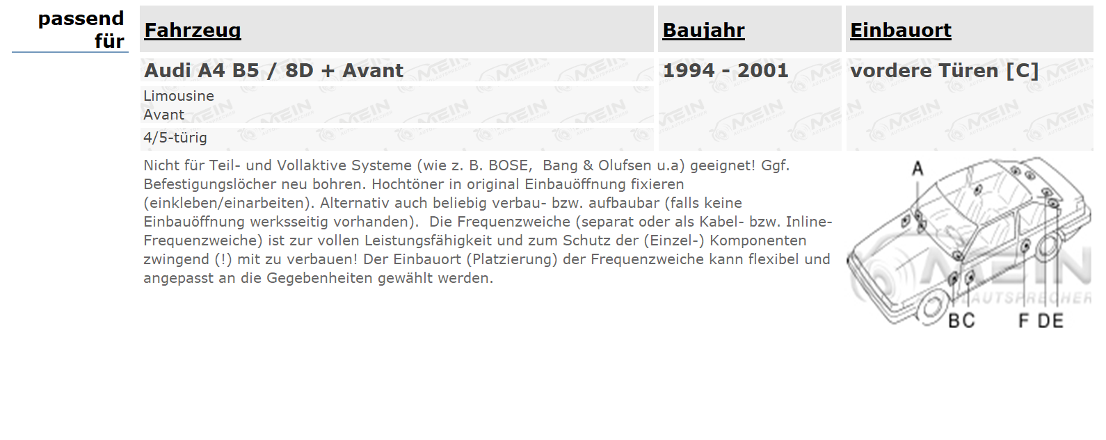 PIONEER LAUTSPRECHER für AUDI A4 B5 / 8D + Avant 1994-2001 Front Vorn