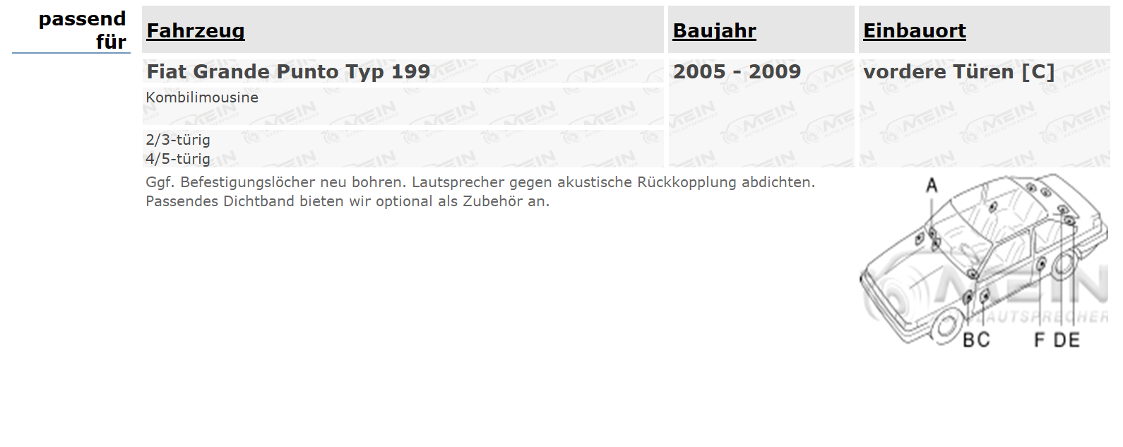 JBL LAUTSPRECHER für FIAT GRANDE PUNTO Typ 199 2005-2009 Front Tür 165