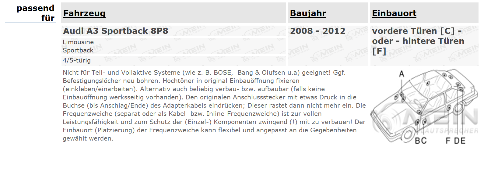 JBL LAUTSPRECHER für AUDI A3 Sportback 8P8 2008-2012 Front Heck 210W