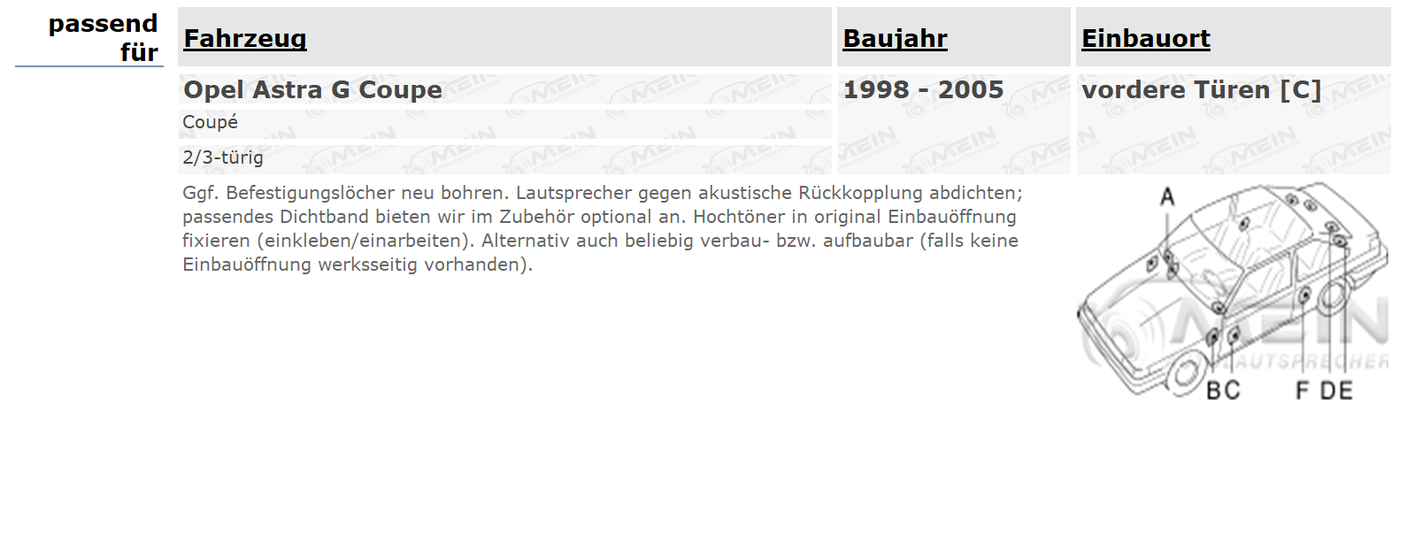 ALPINE LAUTSPRECHER für OPEL ASTRA G Coupe 1998-2005 Front Tür 280W