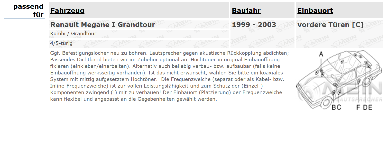 JBL LAUTSPRECHER für RENAULT MEGANE I Grandtour 1999-2003 Front Vorn