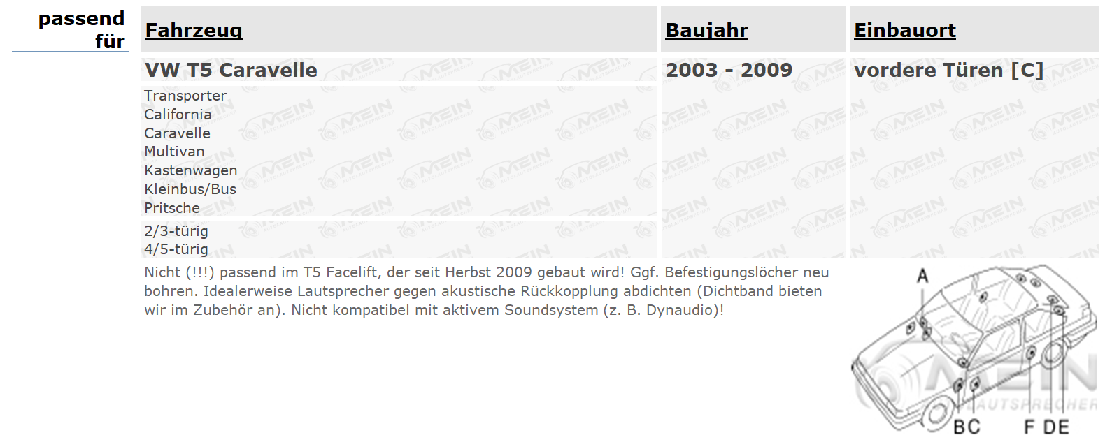 AUTO LAUTSPRECHER für VW T5 Caravelle 2003-2009 Front Vorn 2-Wege 100W