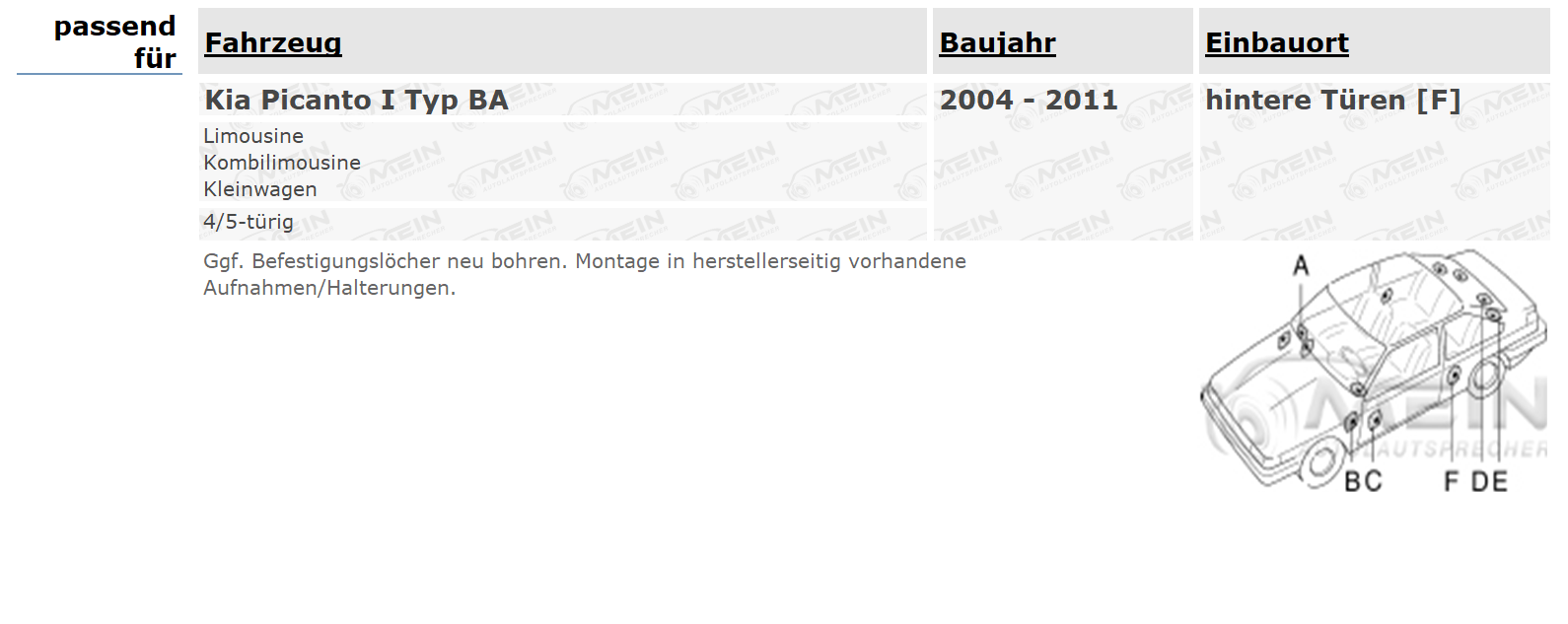 JBL LAUTSPRECHER für KIA PICANTO I Typ BA 2004-2011 Heck Hinten 120W
