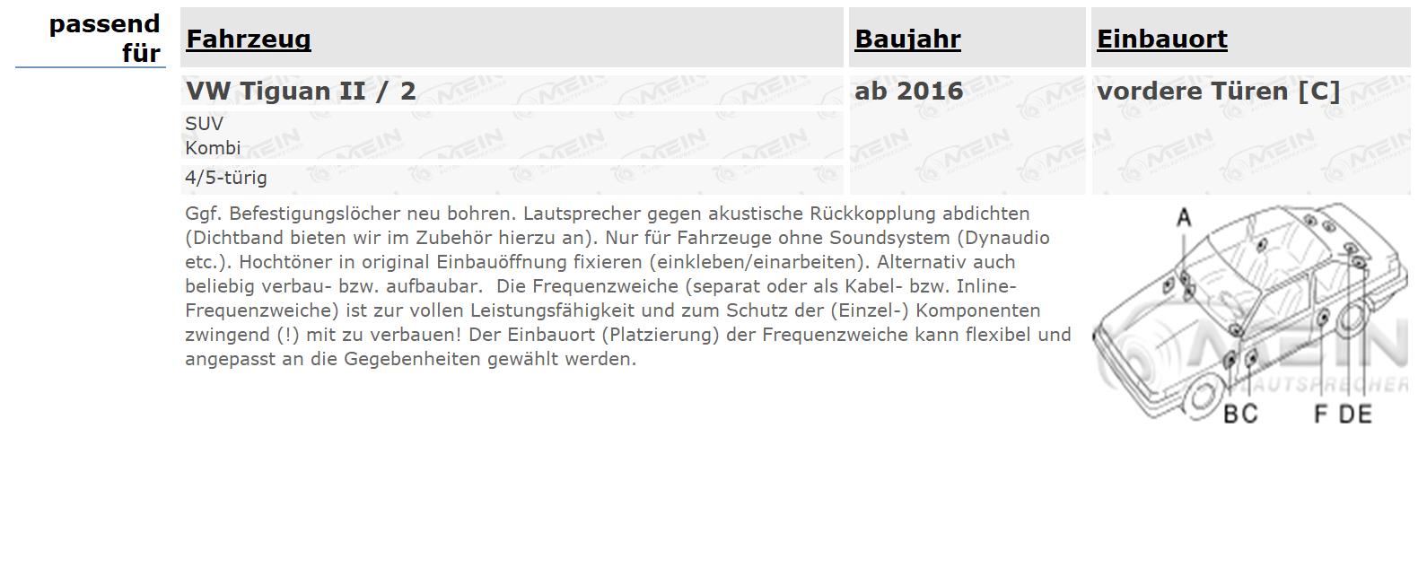 AUDIOCIRCLE LAUTSPRECHER für VW TIGUAN II / 2 ab 2016 Front Vorn 120W