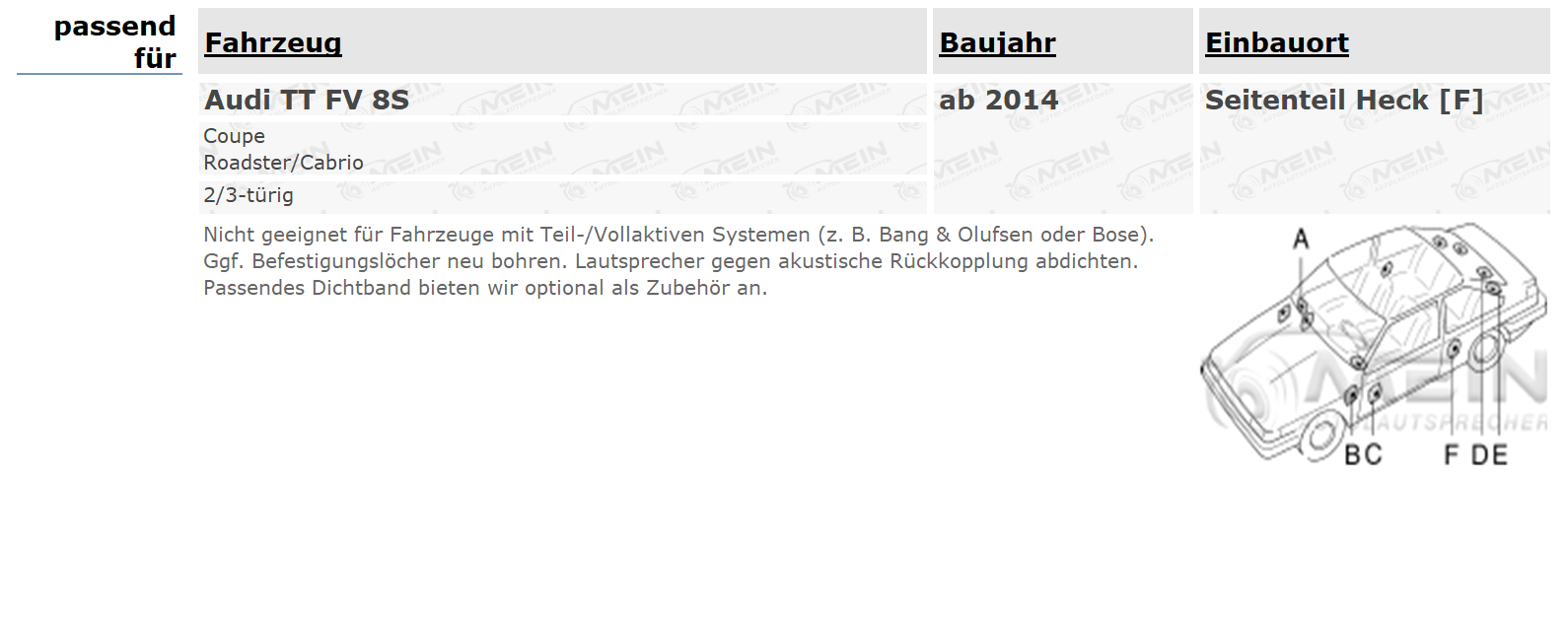 JBL LAUTSPRECHER für AUDI TT FV 8S ab 2014 Heck Seite 2-Wege Koax 240W