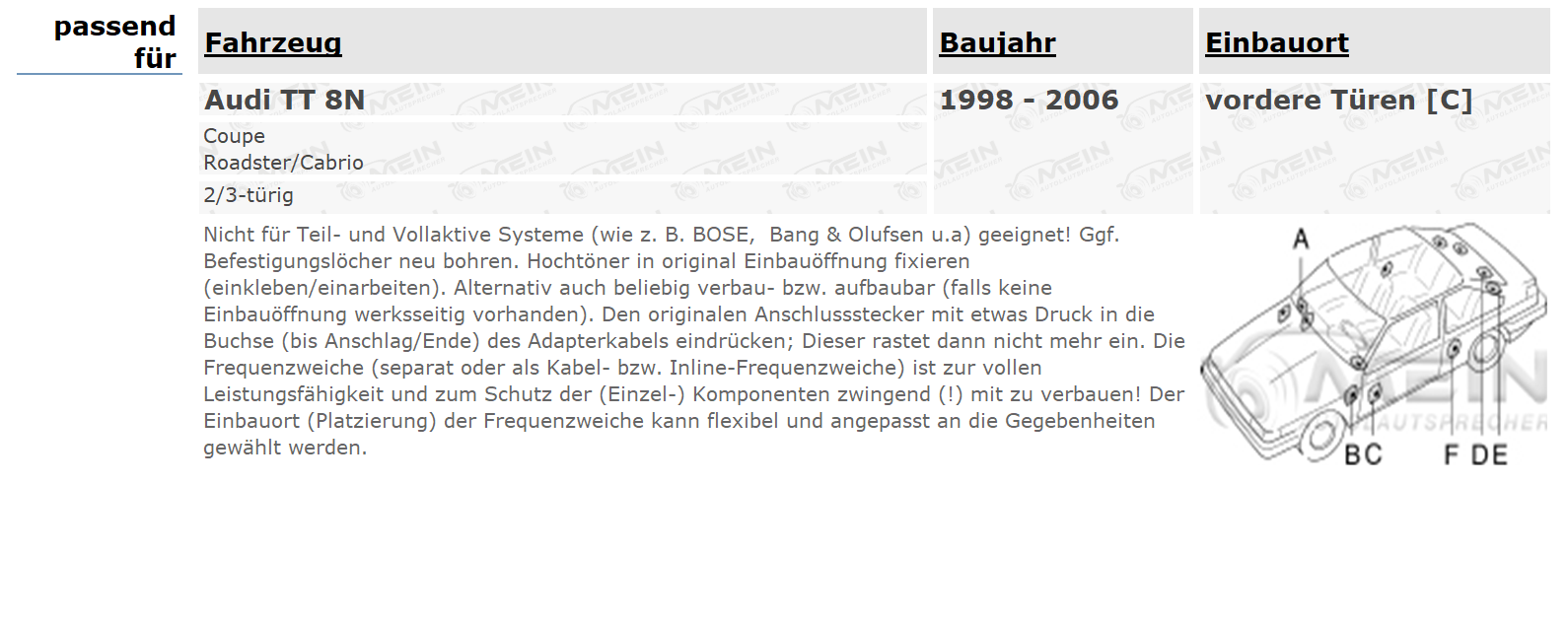 JBL LAUTSPRECHER für AUDI TT 8N 1998-2006 Front Vorn Tür 2-Wege 200W