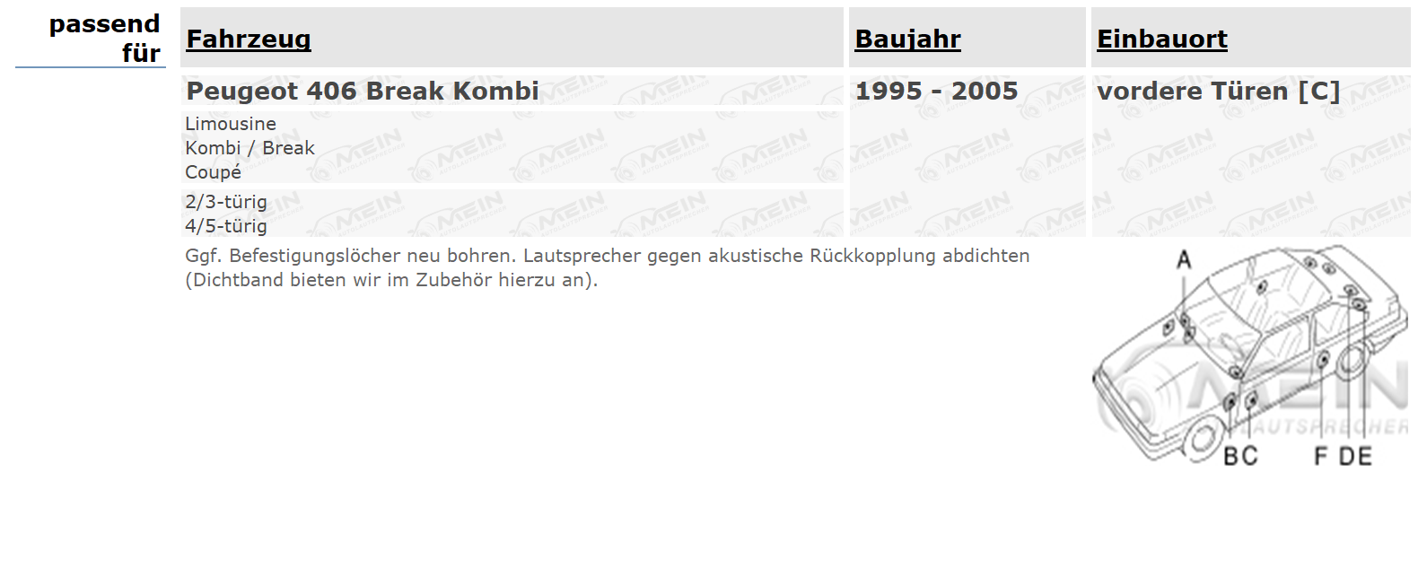 JBL LAUTSPRECHER für PEUGEOT 406 Break Kombi 1995-2005 Front Vorn 180W