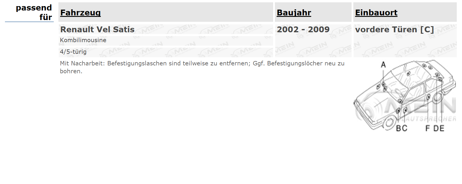 SINUSTEC LAUTSPRECHER für RENAULT VEL SATIS 2002-2009 Front Vorn 250W
