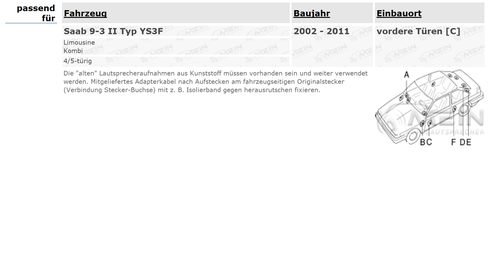 ALPINE LAUTSPRECHER für SAAB 9-3 II Typ YS3F 2002-2011 Front Tür 220W