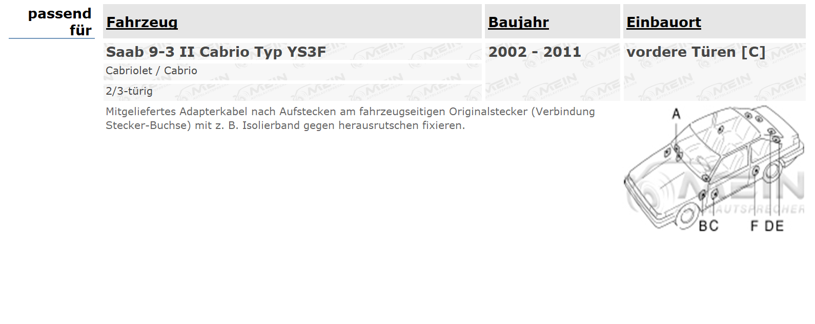 JVC DR LAUTSPRECHER für SAAB 9-3 II Cabrio Typ YS3F 2002-2011 Front