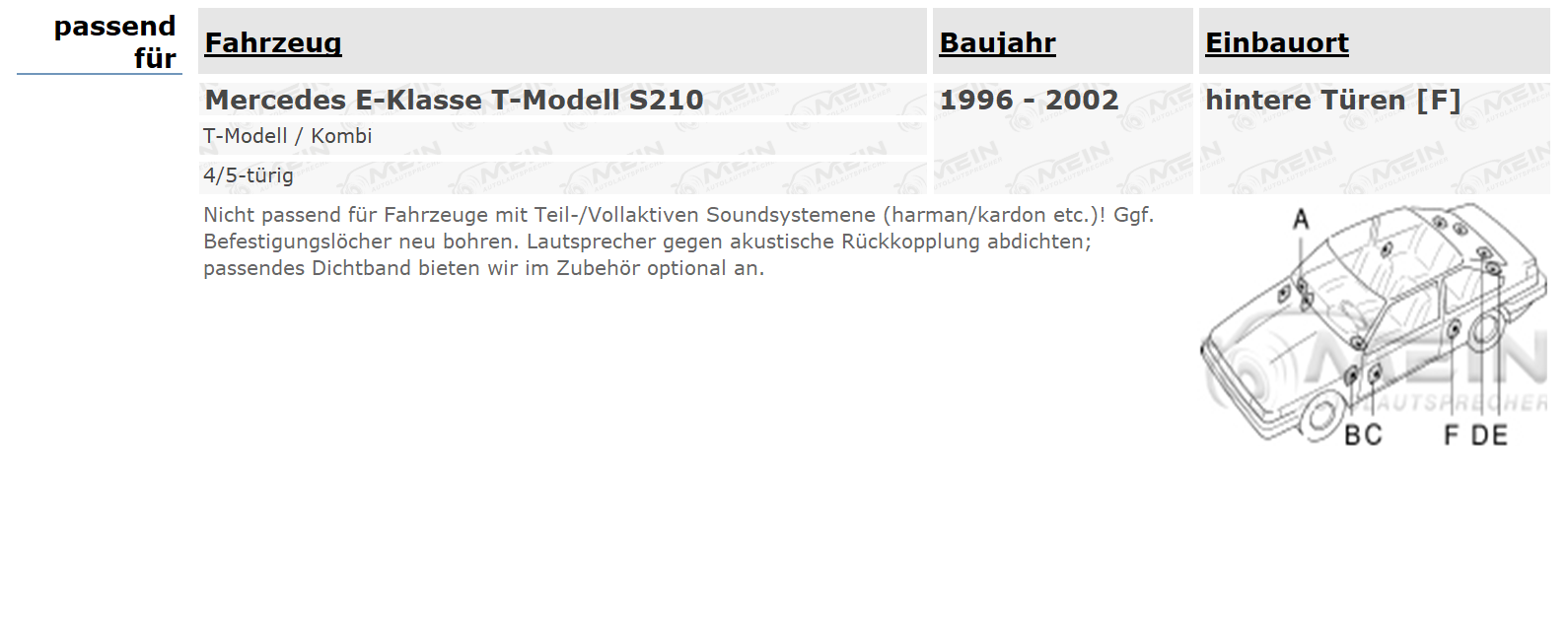 JBL LAUTSPRECHER für MERCEDES E-KLASSE T-Modell S210 1996-2002 Heck