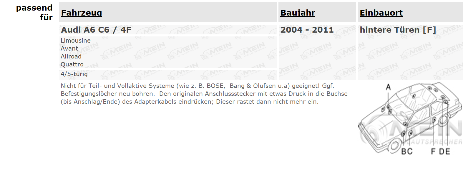 JBL LAUTSPRECHER für AUDI A6 C6 / 4F 2004-2011 Heck Hinten 2-Wege 175W