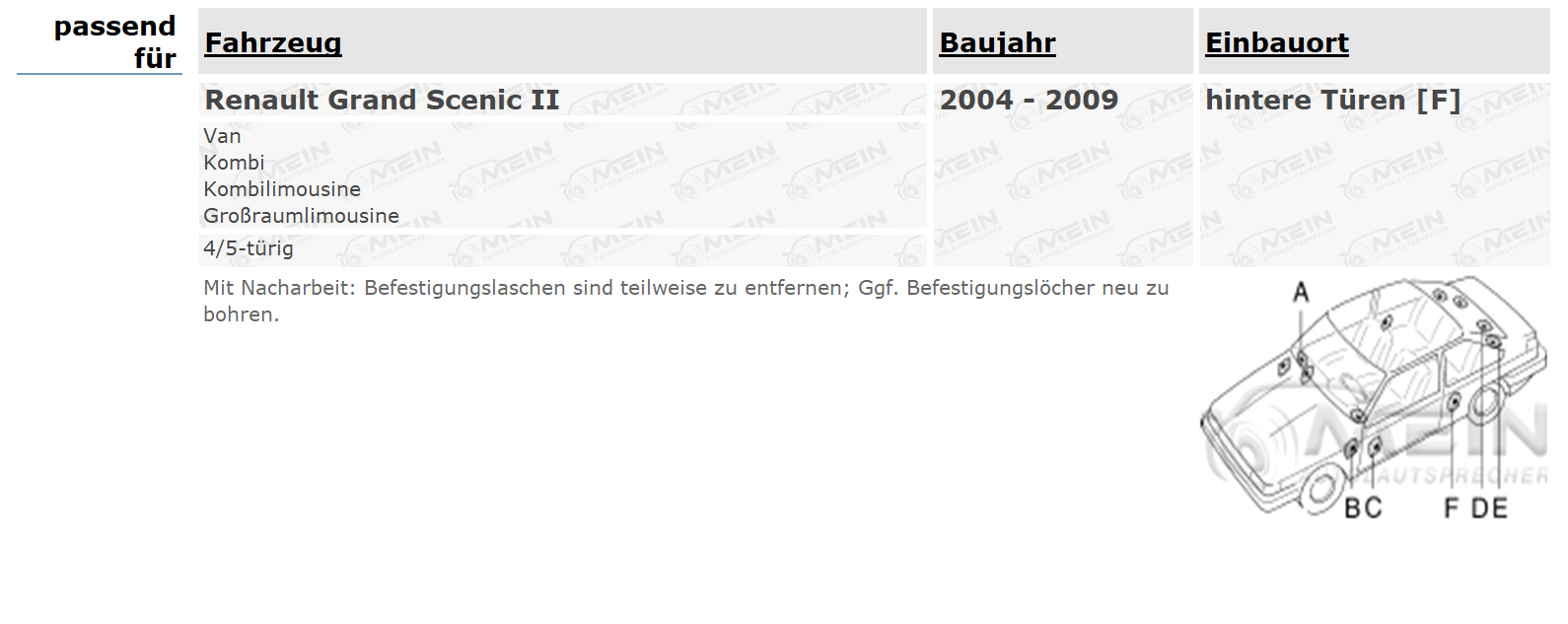 JVC LAUTSPRECHER für RENAULT GRAND SCENIC II 2004-2009 Heck Tür 250W