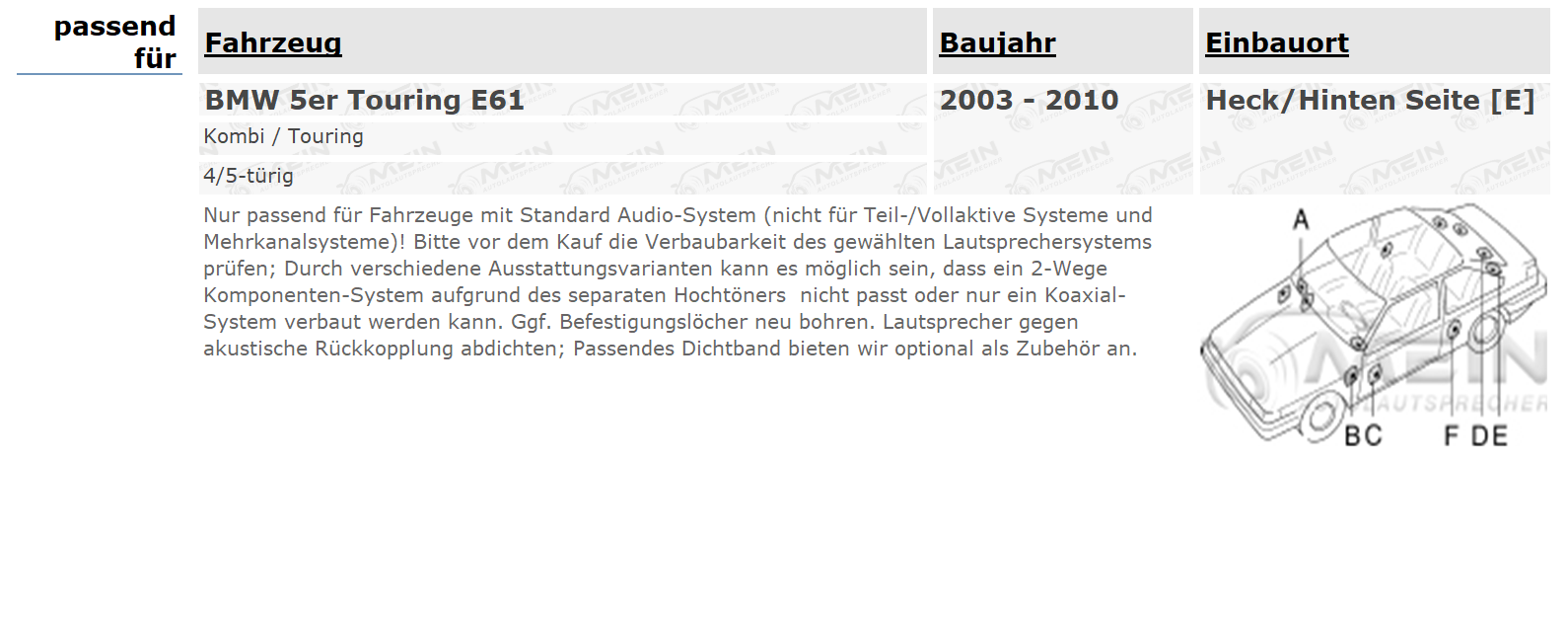 JVC DR LAUTSPRECHER für BMW 5ER Touring E61 2003-2010 Heck Hinten 220W