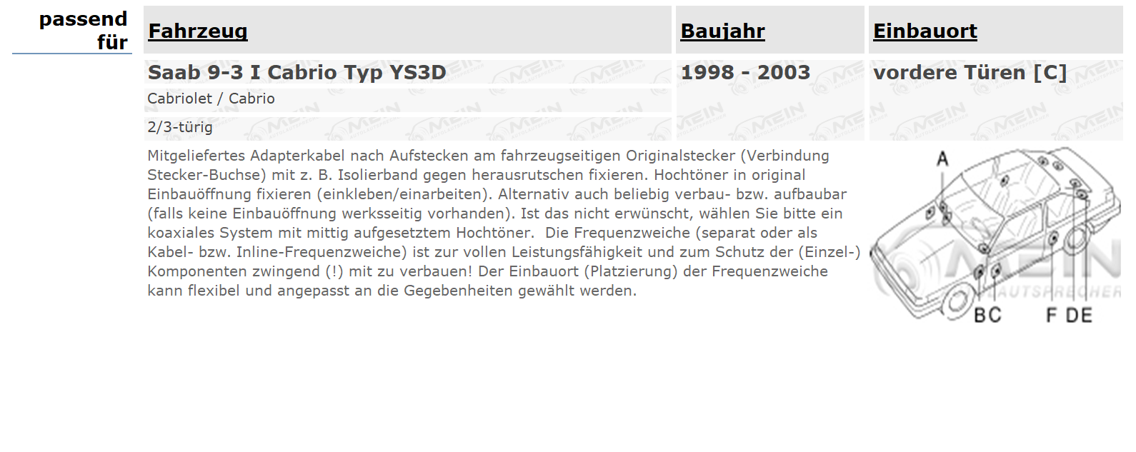BLAUPUNKT LAUTSPRECHER für SAAB 9-3 I Cabrio Typ YS3D 1998-2003 Front