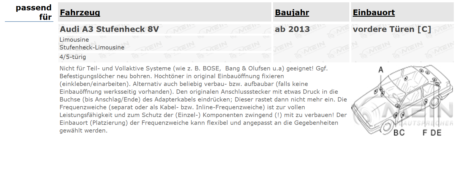 JBL LAUTSPRECHER für AUDI A3 Stufenheck 8V ab 2013 Front Tür Vorn 210W