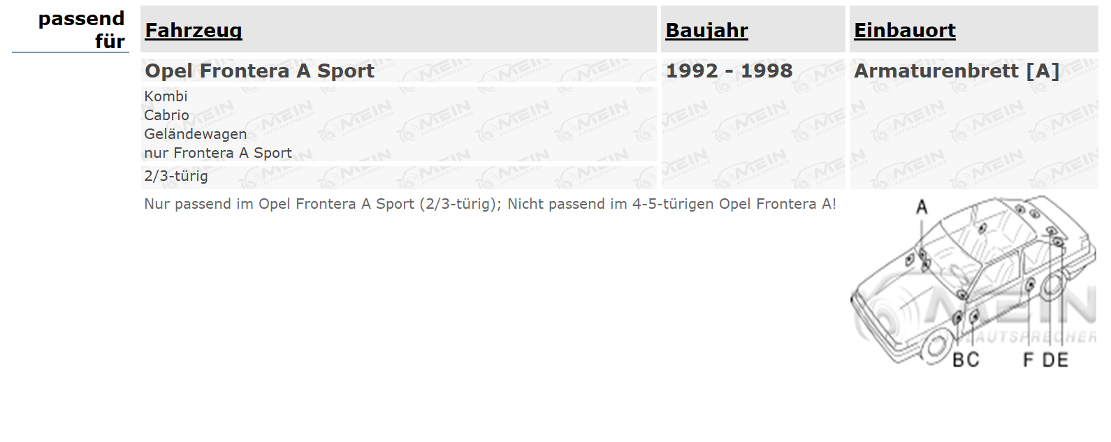 JBL LAUTSPRECHER für OPEL FRONTERA A Sport 1992-1998 Armaturenbrett