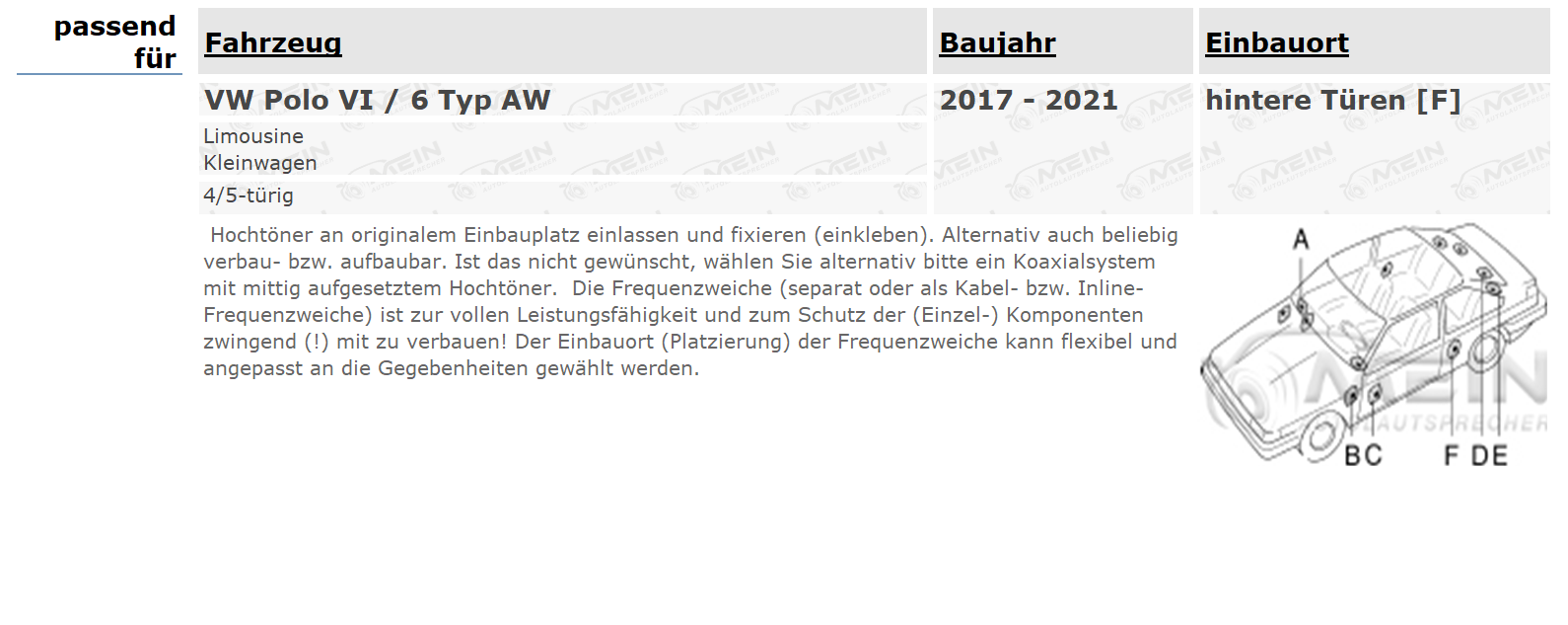 KENWOOD LAUTSPRECHER für VW POLO VI / 6 Typ AW 2017-2021 Heck Tür 300W