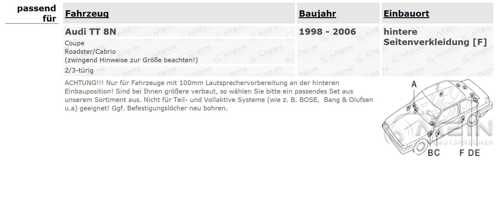 JBL LAUTSPRECHER für AUDI TT 8N 1998-2006 Heck 100mm Hinten 2-Wege 90W