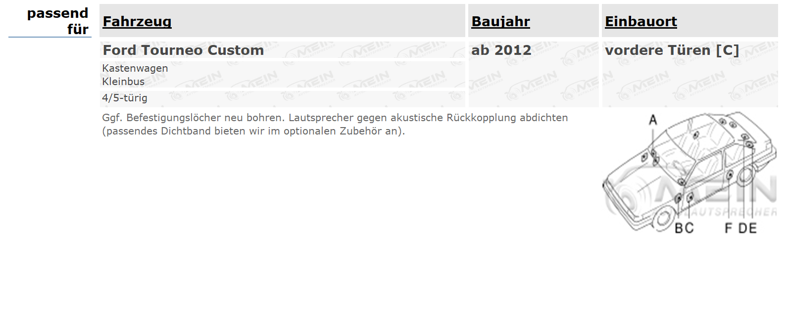 JBL LAUTSPRECHER für FORD TOURNEO Custom ab 2012 Front Tür 2-Wege 150W