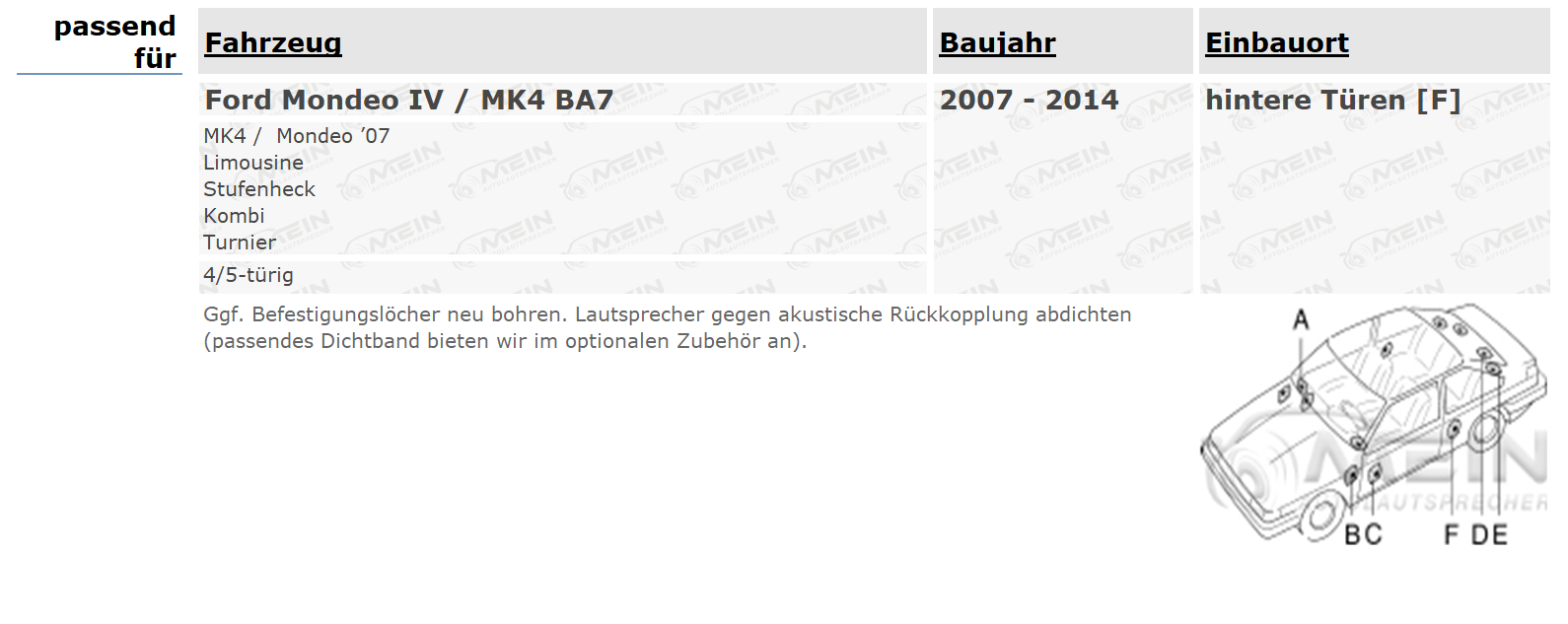 DIETZ AUTO LAUTSPRECHER für FORD MONDEO IV / MK4 BA7 2007-2014 Hinten
