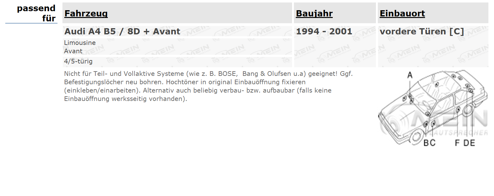 ALPINE LAUTSPRECHER für AUDI A4 B5 / 8D + Avant 1994-2001 Front Vorn