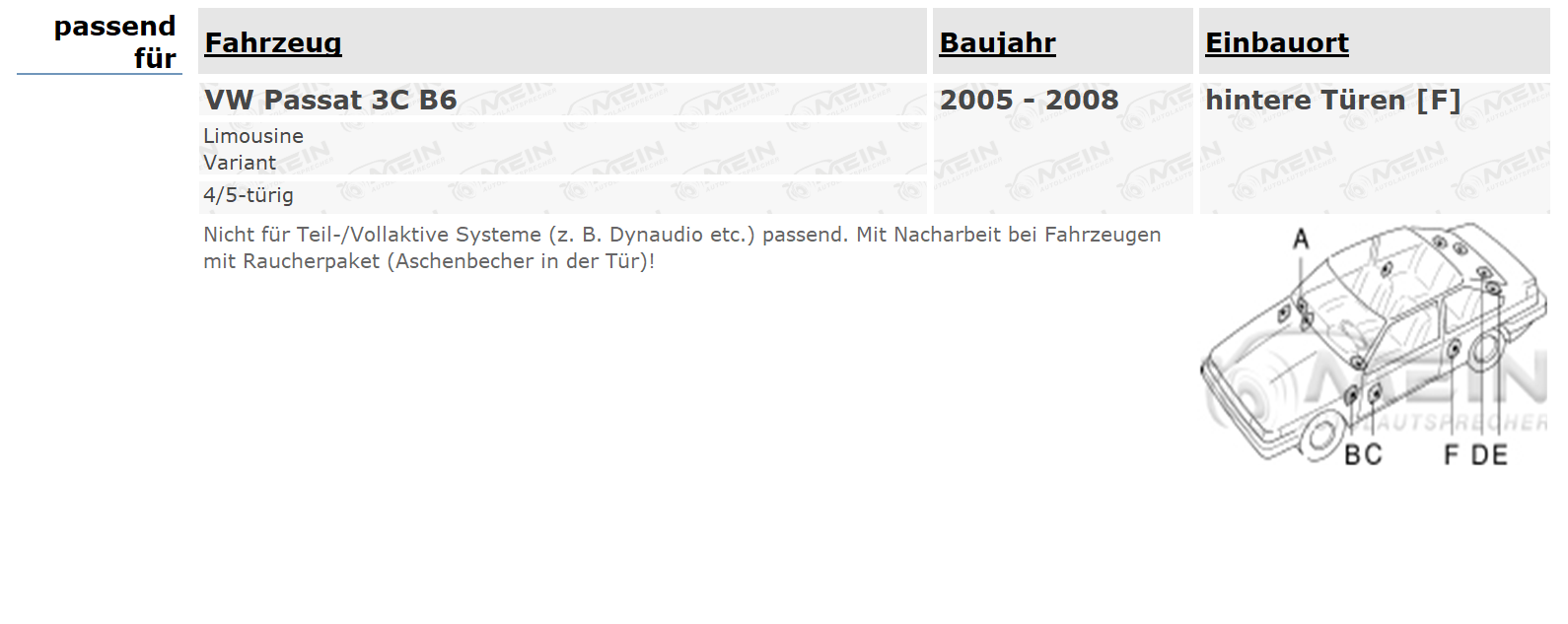 JBL LAUTSPRECHER für VW PASSAT 3C B6 2005-2008 Heck Hinten 2-Wege 225W