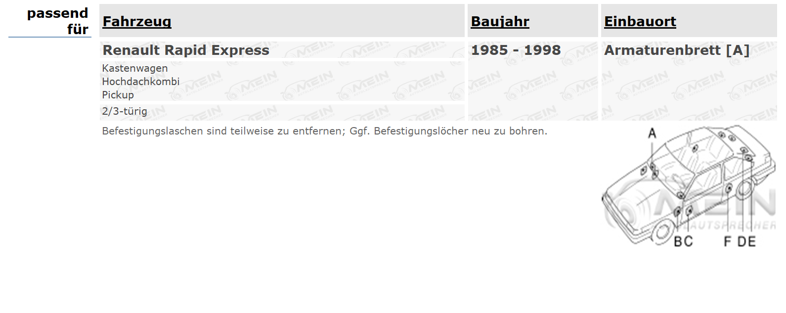 JBL LAUTSPRECHER für RENAULT RAPID Express 1985-1998 Armaturenbrett