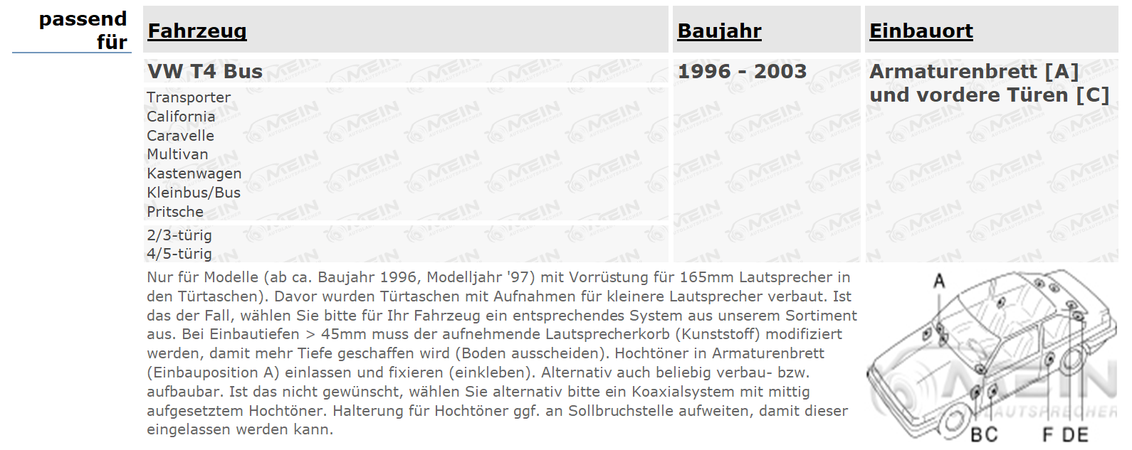 ALPINE LAUTSPRECHER für VW T4 Bus 1996-2003 Front Tür Vorn 2-Wege 280W