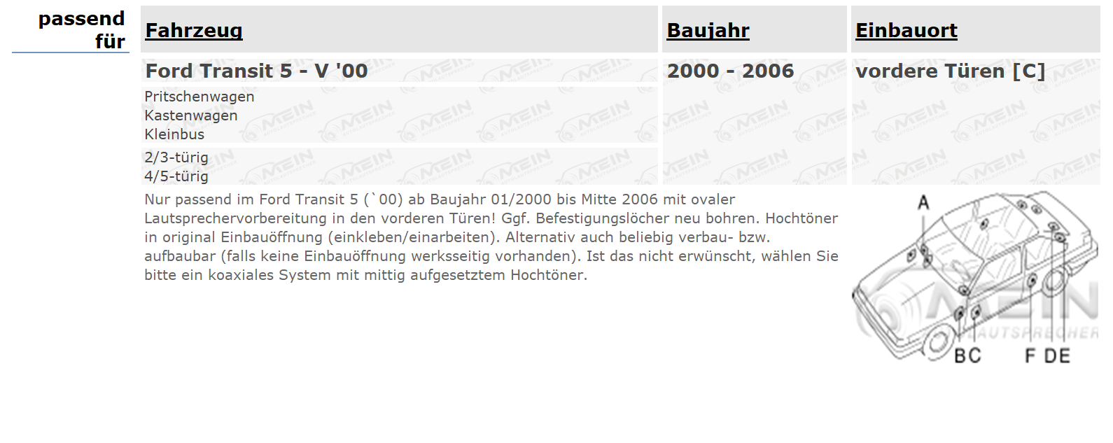 ALPINE LAUTSPRECHER für FORD TRANSIT 5 - V '00 2000-2006 Front Tür 165
