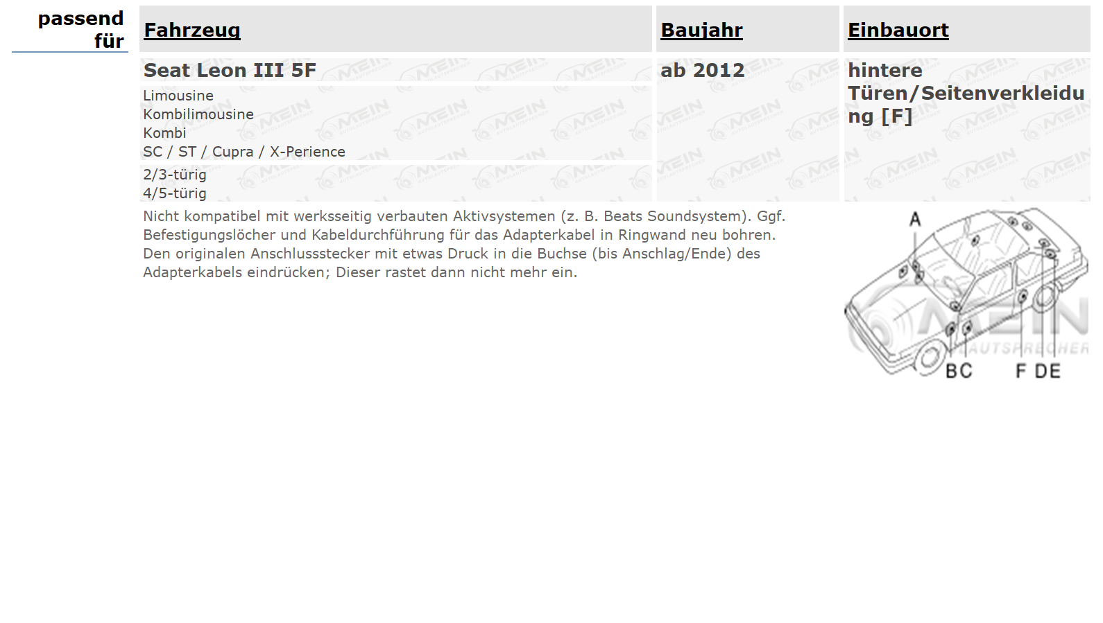 JBL LAUTSPRECHER für SEAT LEON III 5F ab 2012 Heck Hinten 2-Wege 180W
