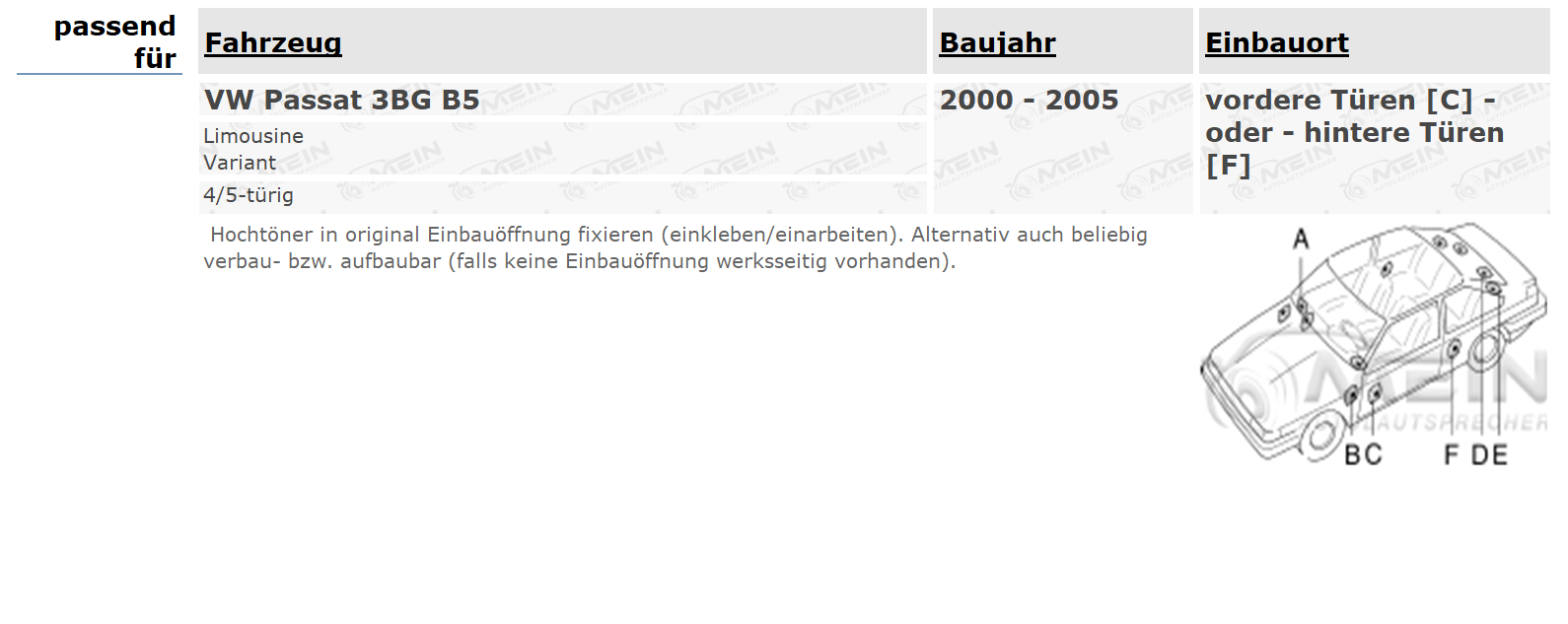 ALPINE LAUTSPRECHER für VW PASSAT 3BG B5 2000-2005 Front Tür Heck 280W