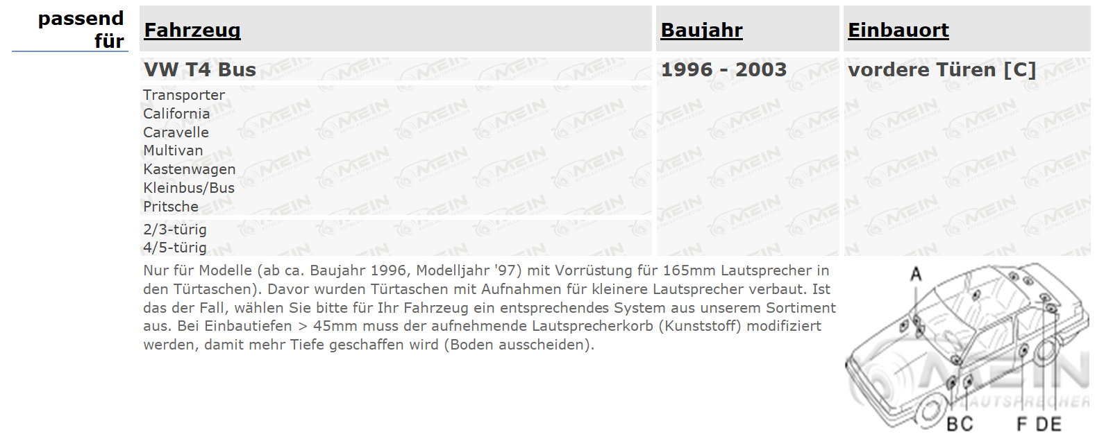 JBL LAUTSPRECHER für VW T4 Bus 1996-2003 Front Tür Vorn 2-Wege 180W