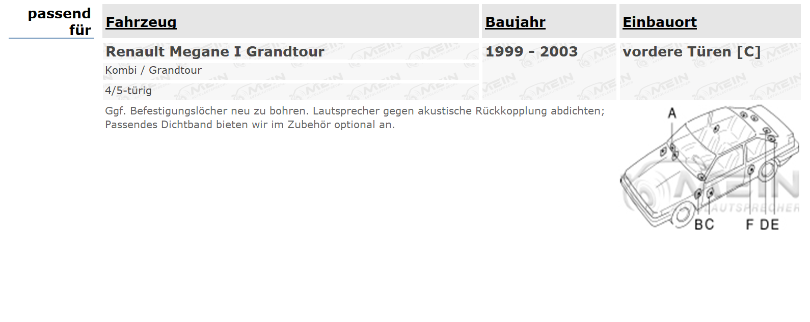 PIONEER LAUTSPRECHER für RENAULT MEGANE I Grandtour 1999-2003 Front