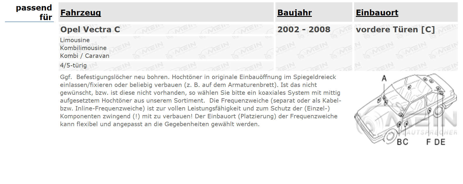 JBL LAUTSPRECHER für OPEL VECTRA C 2002-2008 Front Vorn 2-Wege 180W