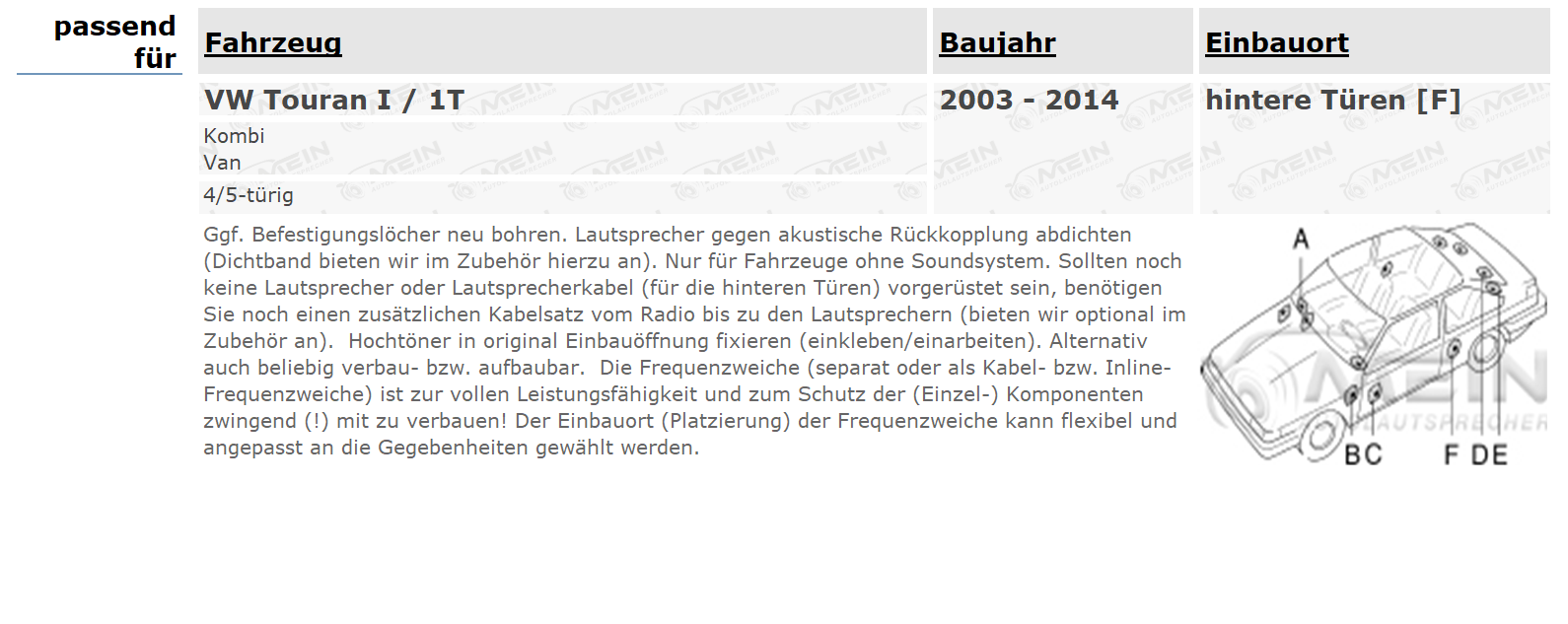 JBL LAUTSPRECHER für VW TOURAN I / 1T 2003-2014 Tür Heck 2-Wege 210W