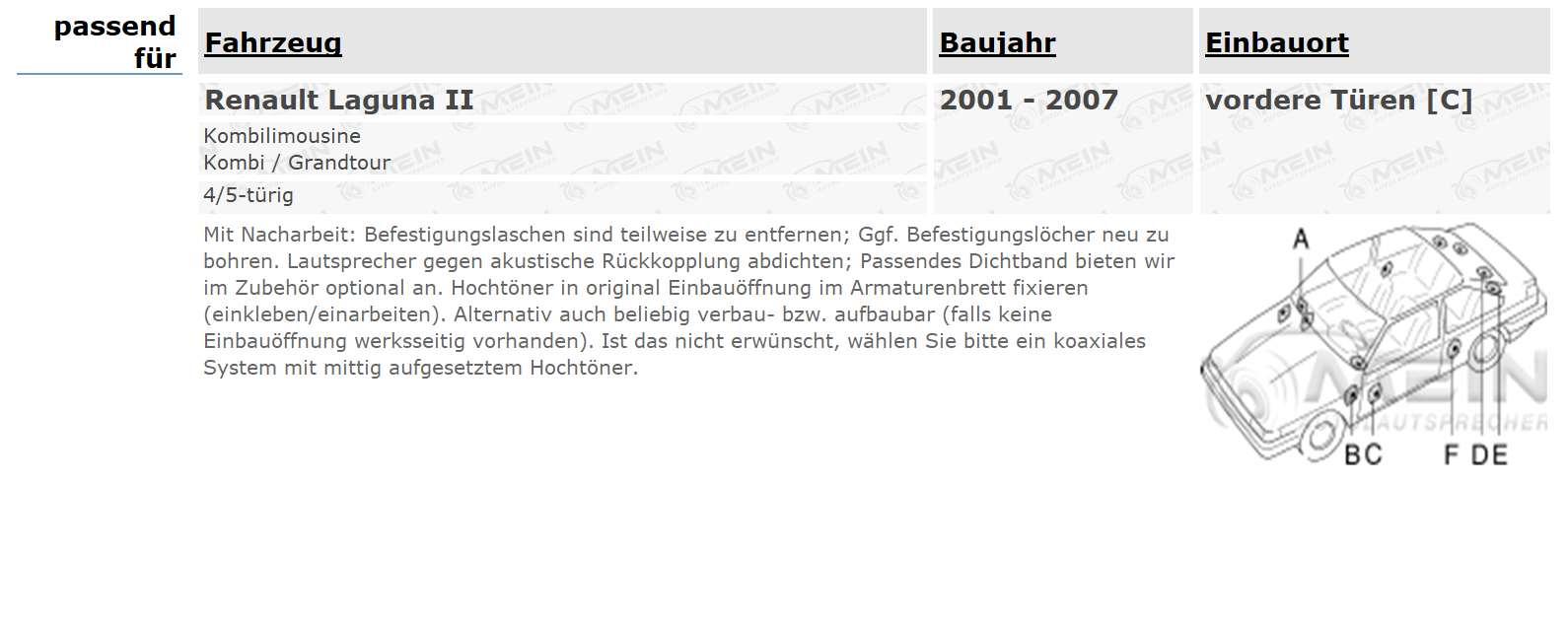ALPINE LAUTSPRECHER für RENAULT LAGUNA II 2001-2007 Front Vorn 250W