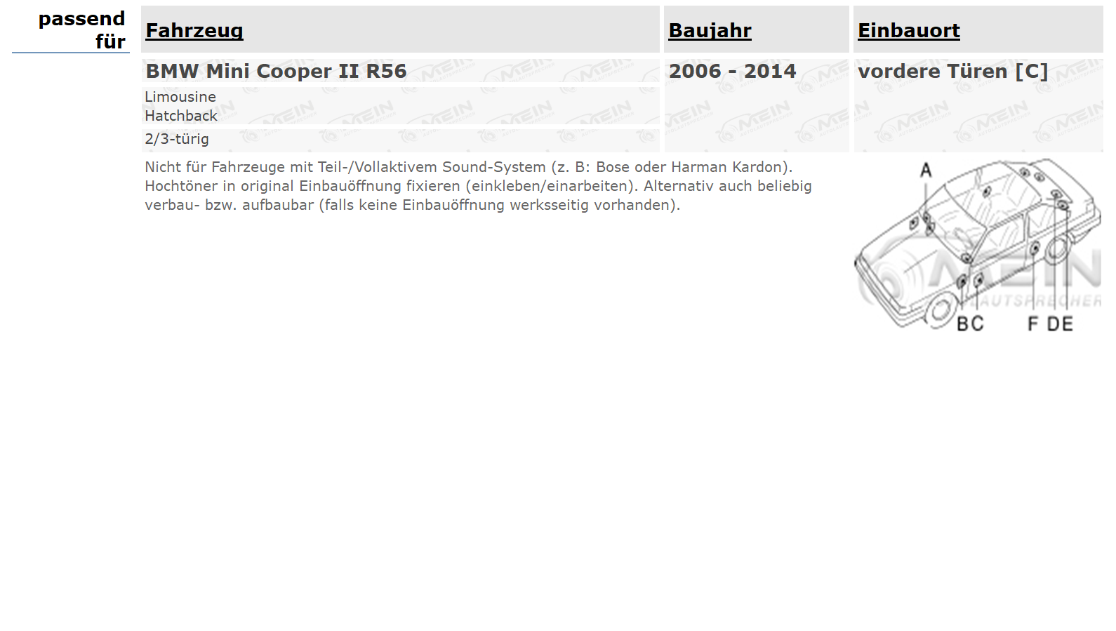 ALPINE LAUTSPRECHER für BMW MINI Cooper II R56 2006-2014 Front Vorn