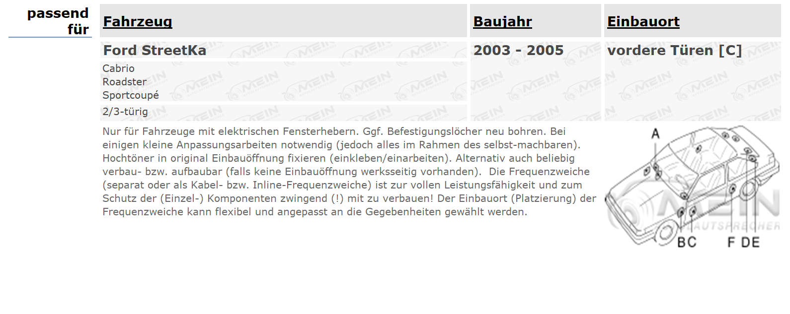 JBL LAUTSPRECHER für FORD STREETKA 2003-2005 Front Vorn 2-Wege 135W