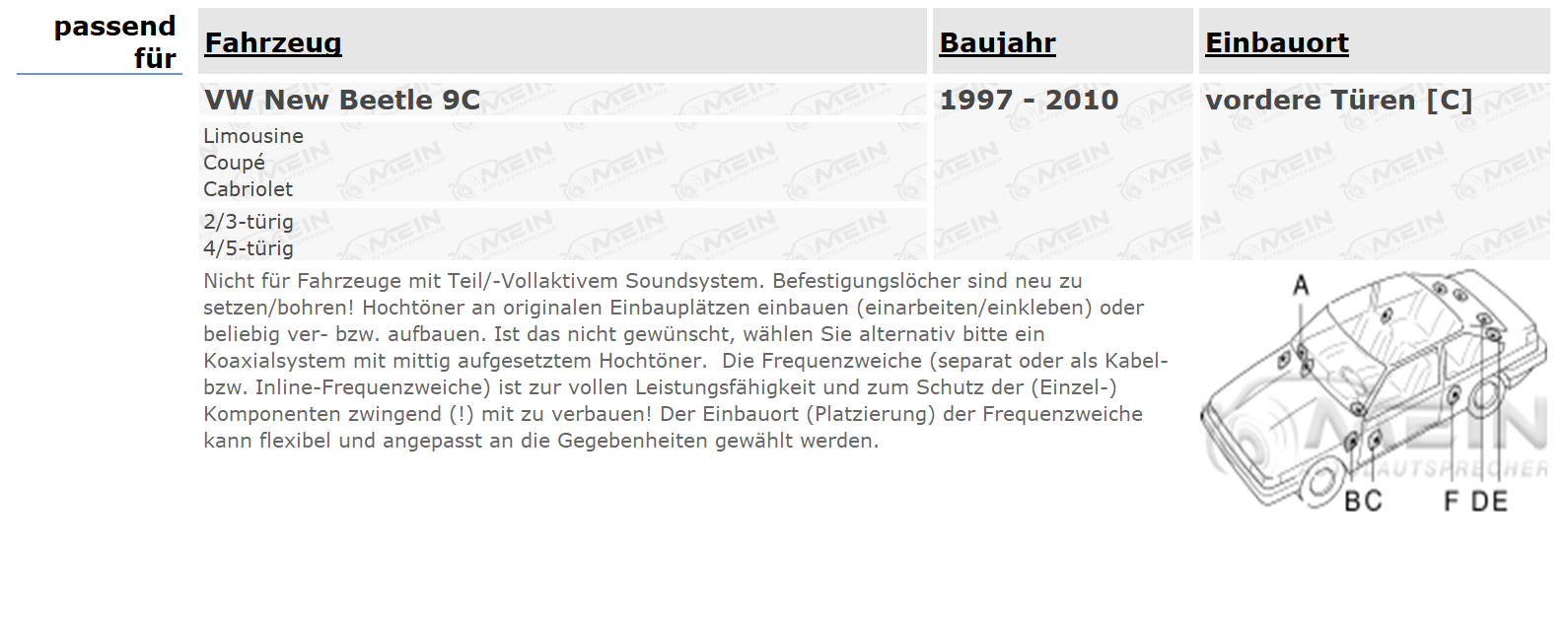 JBL LAUTSPRECHER für VW NEW BEETLE 9C 1997-2010 Front Vorn 2-Wege 180W