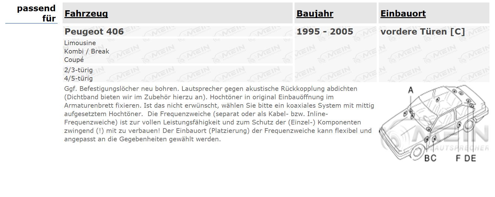 PIONEER LAUTSPRECHER für PEUGEOT 406 1995-2005 Front Vorn 2-Wege 300W