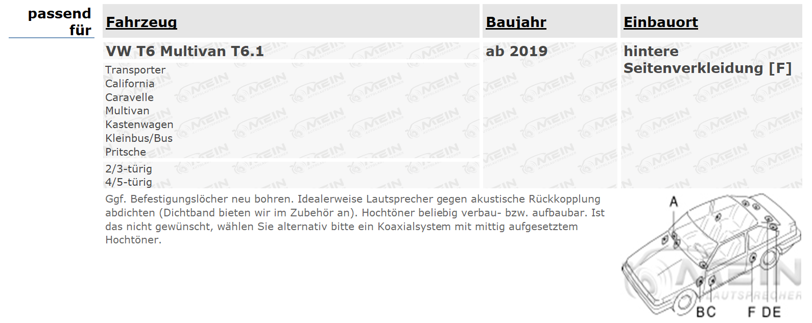 ALPINE LAUTSPRECHER für VW T6 Multivan T6.1 ab 2019 Heck Seite 280W
