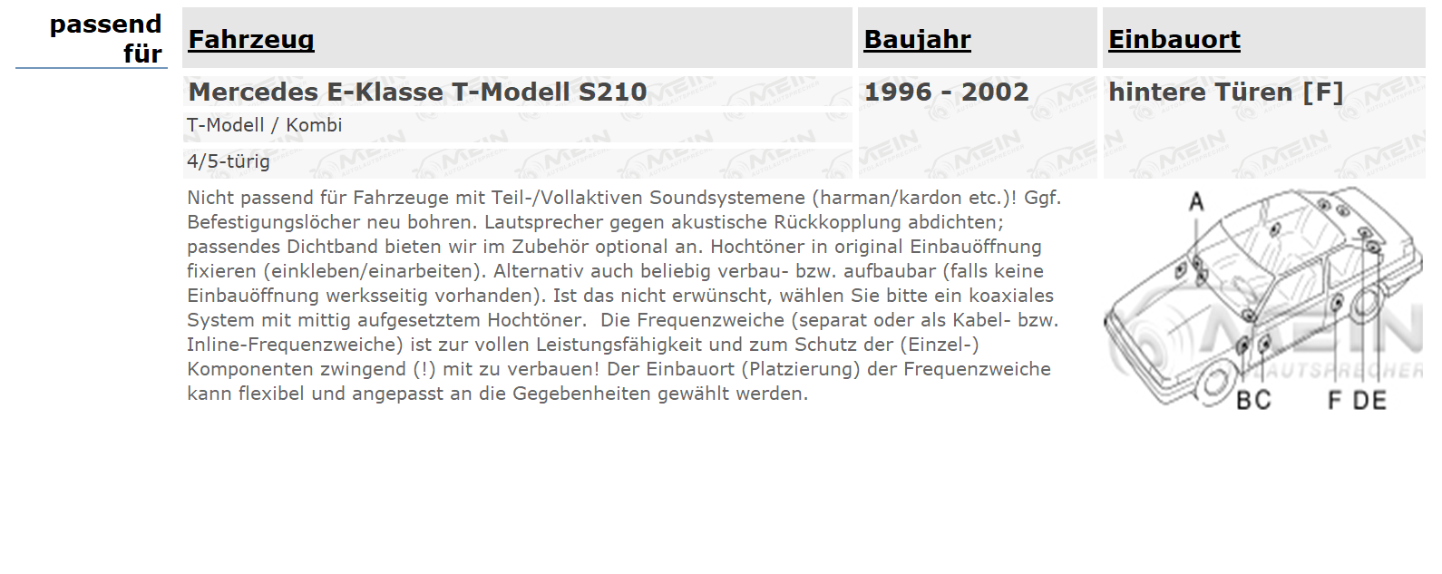 ALPINE LAUTSPRECHER für MERCEDES E-KLASSE T-Modell S210 1996-2002 Heck