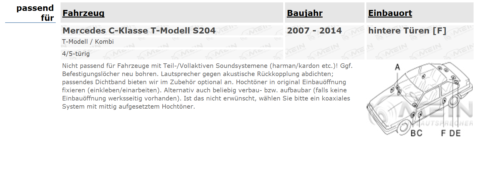 ALPINE LAUTSPRECHER für MERCEDES C-KLASSE T-Modell S204 2007-2014 Heck